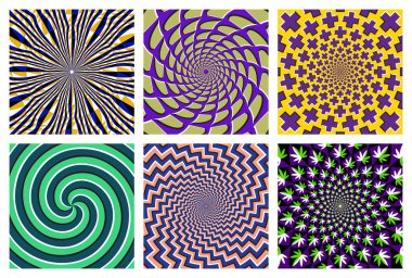 Altı renkli dairesel desenli vektör kümesi. Optik hareket etkisine sahip göz alıcı arka planlar.