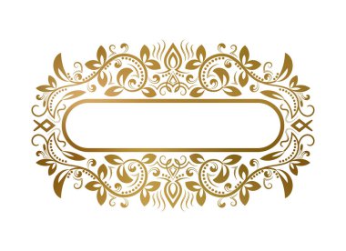 Çiçekli süslemeli altın dekoratif çerçeve. Eski kart dekorasyonu, isim plakası veya kapak tasarımı için uygundur.