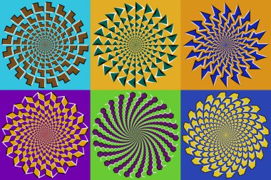 Farklı şekillerde dairesel desenlerin vektör kümesi. Optik hareket yanılsaması olan renkli daireler. Arkaplan tasarımı için şablonlar.