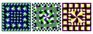 Canlı mor, yeşil ve sarı tonlu soyut geometrik desenler. Optik illüzyonlar, duvar kağıtları, tekstil ve modern tasarım projeleri için mükemmel..