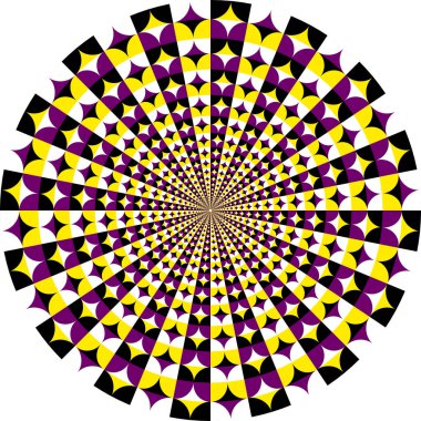 Keskin geometrik şekilli, sarı, mor ve siyah renkli canlı dairesel optik illüzyon deseni. Soyut sanat eserleri, posterler veya dekoratif tasarımlar için mükemmel..