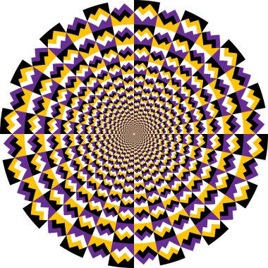 Dinamik optik illüzyon, sarı, mor ve siyah zigzag şekilli, hipnotik dairesel desen oluşturur. Dijital dizaynlar, posterler ya da arka planlar için harika.