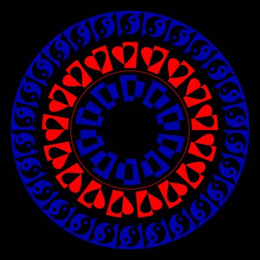 Kırmızı ve mavi yin-yang elementleri ve akışkan geometrik şekilleri olan dairesel bir mandala esinlenilmiş tasarım. Ruhani, bohem ya da meditasyon sanat ve grafik tasarım projeleri için ideal.