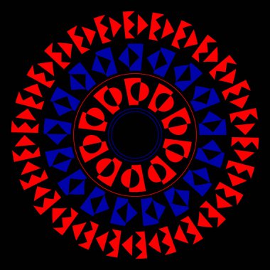 Kırmızı ve mavi üçgen ve yuvarlak elementlerle göz alıcı bir optik illüzyon oluşturan cesur bir eşmerkezli tasarım. Fütürist, yenilikçi ya da keskin görsel projeler için harika..