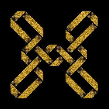 Karanlık bir yüzeyde birbirine kenetlenmiş kalın çizgiler içeren simetrik bir altın düğüm tasarımı. Markalaşma, dövme ve modern grafik projeleri için mükemmel..