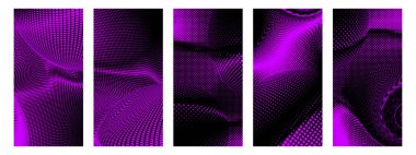 Vivid purple and black halftone backgrounds with fluid wave distortions and sphere effects. Perfect for fashion, digital design, and bold creative projects. clipart