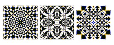 Optik illüzyon efektleriyle son derece detaylı simetrik desen oluşturuldu. Siyah, mavi ve altının cesur zıtlıkları büyüleyici bir soyut tasarım yaratır. Duvar kağıtları, baskılar ve damgalama için ideal..