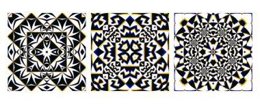 Geometrik soyut desen siyah, mavi ve altın renkli bir şemaya sahip. Karmaşık simetriyle optik illüzyon tasarımı. Fayanslar, tekstil, ambalaj ve arka planlar için mükemmel..