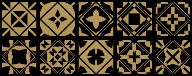 Zarif bir klasik tarzda altın simetrik kiremit desenleri koleksiyonu. İç dekorasyon, ambalaj ve üst düzey markalaşma projeleri için elverişli.