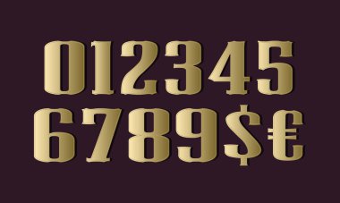 Klasik tarzda klasik sembolleri olan 0-9 'luk altın sayılar. Markalaştırma, fiyatlandırma etiketleri, posterler ve retro-esinlenmiş grafik tasarımlar için uygun.
