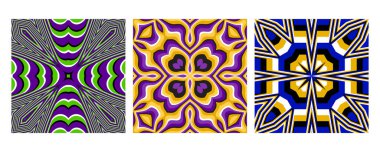 Kalın bir renk paleti ile canlı geometrik illüzyon desenleri. Optik sanat ve retro estetikten esinlenilmiştir. Tekstil tasarımı, arka plan ve modern dekor için mükemmel..