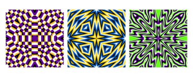 Kalın kontrast ve karmaşık simetrik biçimlere sahip psikedelik illüzyon desenleri. Optik bozulmalar ve retro tasarımdan esinlenilmiştir. Özgeçmiş, poster ve moda baskıları için ideal..