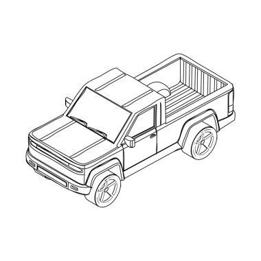 Açık kargo yatağı olan bir kamyonet çizimi. Otomotiv bilgisi, tasarım sunumları ve ulaşımla ilgili grafikler için temiz, teknik bir çizim biçimi.
