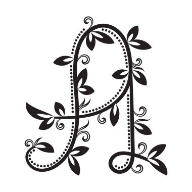 Süslü, siyah renkli, yapraklı dallardan oluşmuş bir çiçek harfi. Klasik stil monogramlar, düğün dekorları ya da zarif markalar için mükemmeldir..