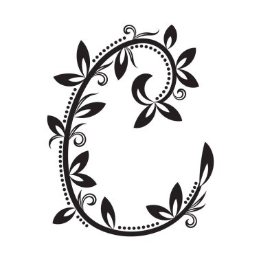 Siyah yapraklı sarmaşıklardan yapılmış stilize C çiçeği. Davetiyeler, doğa temalı markalar veya dekorasyon projeleri için uygun zarif bir botanik tasarımı.