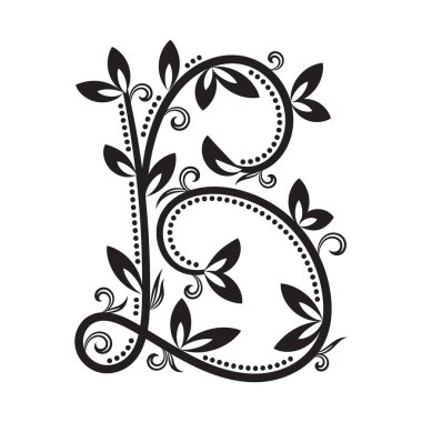 Süslü siyah harf B yapraklı aksanlı dallardan yaratılmış. Romantik baş harfler, ekolojik logolar ya da şık düğün davetiyeleri için ideal..