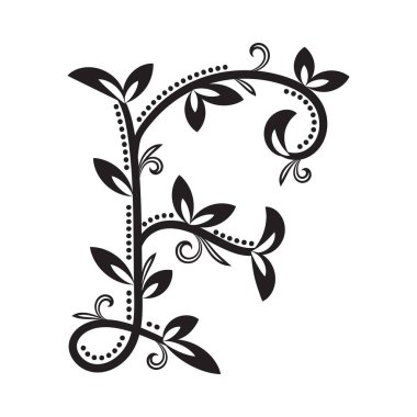 Yapraklı sarmaşıklardan şekillendirilmiş süslü siyah bir F. Antika biçiminde botanik vektör harfi, dekor, baskı veya kimlik projeleri için harika.