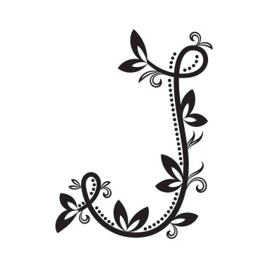 J 'nin siyah sarmaşık ve yapraklardan yaptığı eski bir çiçek mektubu. Botanik tasarımlar, markalaşma veya dekoratif baş harfler için ideal.