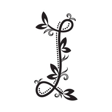 Çiçek I harfi botanik tarzında. Yaprakları olan zarif siyah bir sarmaşık. Monogram, davetiye ya da logo dekorasyonu için mükemmel.