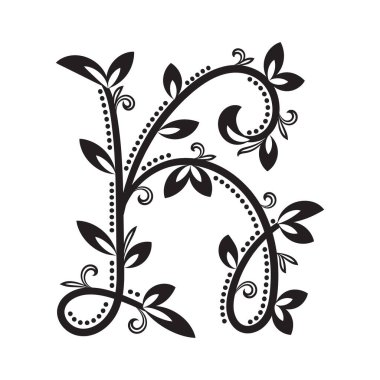 Sarmaşık ve yapraklarla süslenmiş K harfi. Yaratıcı monogramlar ve çiçek markaları için klasik botanik tarzı.
