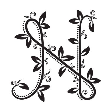 Siyah sarmaşıklı ve kıvrımlı yapraklı botanik harfi N. Eski tarz mükemmel baş harfler, kırtasiye, ya da doğadan esinlenilmiş markalar için.