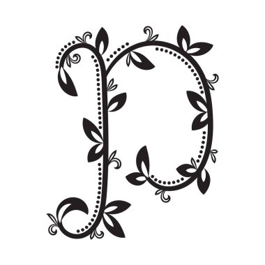 Siyah sarmaşıklı, çiçekli P harfi ve klasik botanik tasarımlı kıvrımlı yapraklar. Baş harfler, markalaşma ve yaratıcı projeler için ideal.