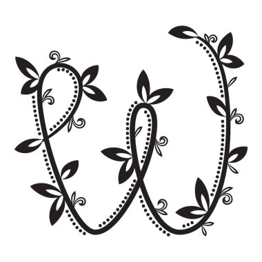 Siyah sarmaşıklardan yapılmış dekoratif W ve botanik tarzda dönen yapraklar. Baş harfler, logolar ve düğün tasarım projeleri için harika..