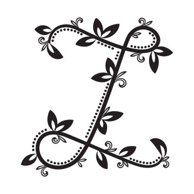 Klasik botanik tarzında siyah yapraklı sarmaşıklardan yapılmış Z harfi. Dekoratif baş harfler, logolar ve doğadan esinlenilmiş tasarım için ideal..