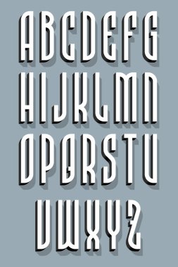 Eski tarz uzun gölgeli 3 boyutlu klasik alfabe. Şık ve cesur büyük harf. Poster tasarımı, markalaşma ve yazı tipi için mükemmel..