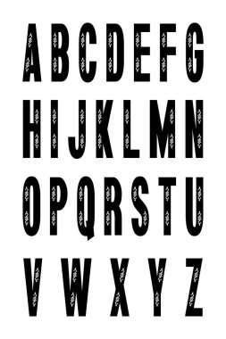 Uzun siyah harfler, grunge stili dokular ve kesme şekiller. Posterler, manşetler ve klasik tasarımlar için ideal.