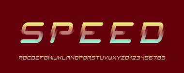 Renk ve hareket bulanıklığı efektleri olan biçimlendirilmiş italik yazı tipi. Büyük harf ve sayıları içerir. Dinamik tasarım, yarış temaları ve enerjik markalaşma için harika..