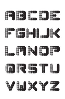 Yarım tonluk nokta dokusuyla yuvarlak fütürist yazı tipi. Sadece büyük harfleri içerir. Siber punk, arıza sanatı, dijital posterler ve teknoloji temalı markalaşma için ideal..
