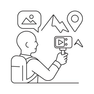 Bir gezginin aksiyon kamerasıyla çektiği görüntülerin vektör çizimi. Vlog oluşturma, dijital içerik oluşturma, seyahat ve keşfi temsil eder.