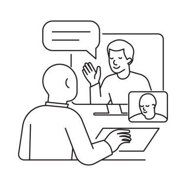 Görüntülü bir görüşmede iki kişinin minimalist çizgisi, uzaktan yapılan bir röportajı gösteriyor. İletişim, çevrimiçi çalışma veya telekonferans kavramı.