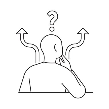 Kafası karışık bir insanın çoklu seçenekleri hakkında vektör çizgisi. Karar verme, seçim yönü ve soyut problem çözme sembolü.