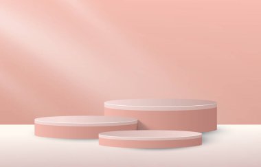 Gerçekçi silindir kaide seti olan soyut 3D oda. Ürün sunumu için en küçük sahne. Vektör geometrik platform. Gösteri için sahne.