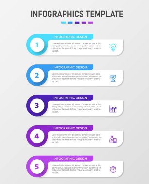 Simgeli ve 5 basamaklı vektör bilgi tasarımı. İş kavramı için bilgi grafikleri. Sunumlar için kullanılabilir pankart, iş akışı düzeni, işlem diyagramı, akış şeması, bilgi grafiği