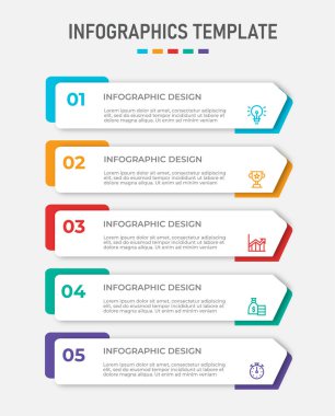 Simgeli ve 5 basamaklı vektör bilgi tasarımı. İş kavramı için bilgi grafikleri. Sunumlar için kullanılabilir pankart, iş akışı düzeni, işlem diyagramı, akış şeması, bilgi grafiği