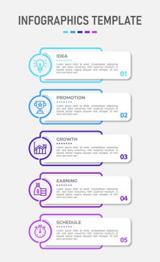 Simgeli ve 5 basamaklı vektör bilgi tasarımı. İş kavramı için bilgi grafikleri. Sunumlar için kullanılabilir pankart, iş akışı düzeni, işlem diyagramı, akış şeması, bilgi grafiği