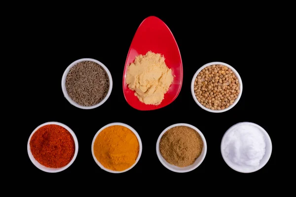 Six Bowls One Long Red Small Bowl Filled Spices Isolated — Stock Photo, Image