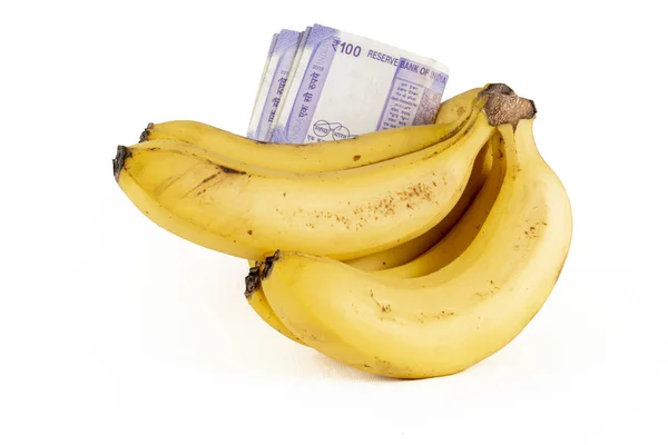 Telar Plátano Superficie Blanca Con Notas Indias 100 Rupias Aislado — Foto de Stock
