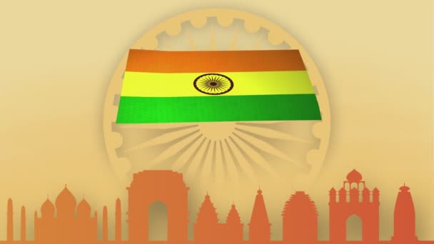 インド独立記念日 アショックチャクラ回転とトリコロールフラッグウィング — ストック動画