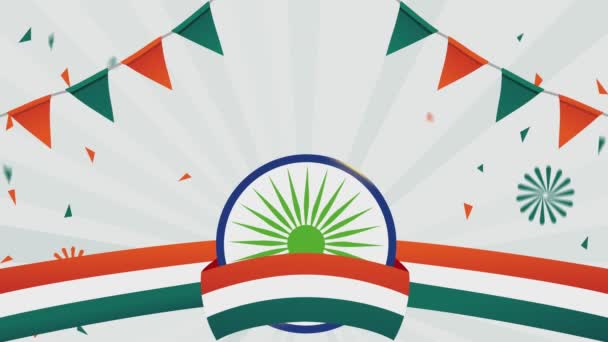 三色旗带与Ashok Chakra 庆祝8月15日印第安人独立日 双面上的三色气球 动画制作 — 图库视频影像