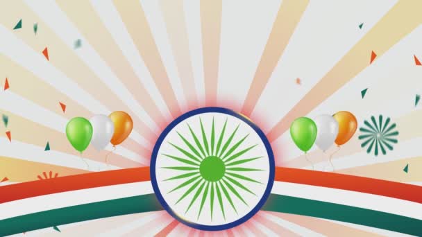 三色带与Ashok Chakra 原文为印度文 庆祝8月15日印第安人独立日 双面上的三色气球 动画制作 — 图库视频影像