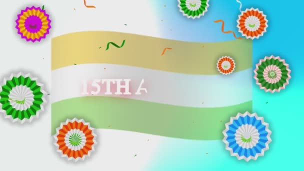 Augusti Text Med Tricolor Blommor Animation Marinblå Färg Bakgrund Och — Stockvideo