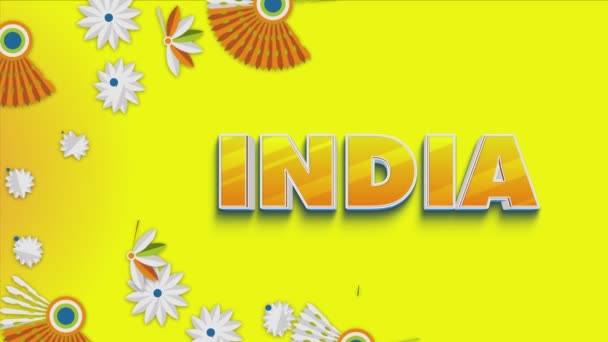 黄色背景下带有三色花动画的印第安文本 4K和8K — 图库视频影像