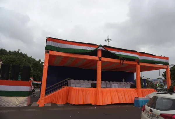 stock image Har Ghar Tiranga Yatra. Decoration In RAJKOT, GUJARAT, INDIA, DATED 13-08-2023, Har Ghar Tiranga, Stage Side View for Public Speech, The Prime Minister Of India, Shree Narendra Modi, has urged citizens to raise the Indian National Flag in each ...