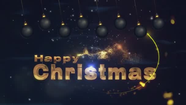 Vrolijke Kersttekst Gouden Kleur Zwarte Ballen Sneeuwvlokken — Stockvideo
