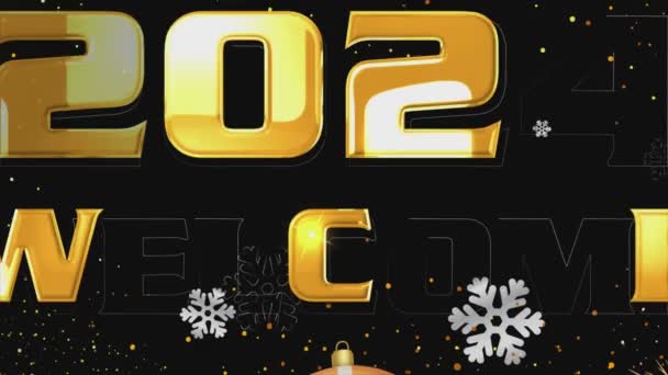 2024年 新しい年のお祝いエクストラヴァガンザ 私たちの活気に満ちたストックビデオで2024年にリング バックドロップが飾られ シルバーの菓子 ギフト スノーフレークが特徴です 金の大胆な2024ウェルカムテキスト — ストック動画