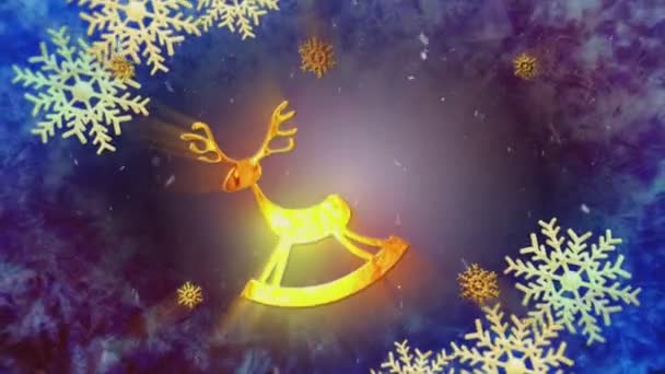 在金光闪闪的深蓝色背景上 跳舞的驯鹿 圣诞树和雪花的节日动画 — 图库视频影像